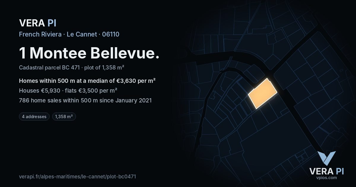 1 Montee Bellevue, Le Cannet at night – the plot lit, the parcels around coloured by the prices near them