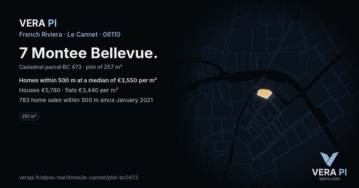 7 Montee Bellevue, Le Cannet at night – the plot lit, the parcels around coloured by the prices near them