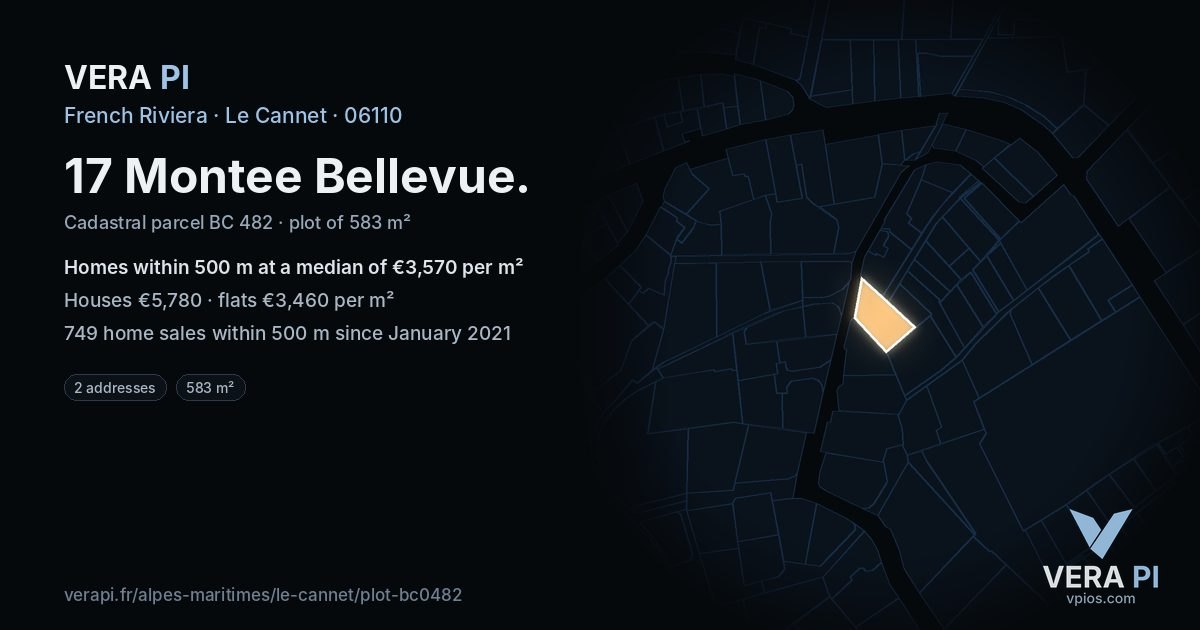 17 Montee Bellevue, Le Cannet at night – the plot lit, the parcels around coloured by the prices near them