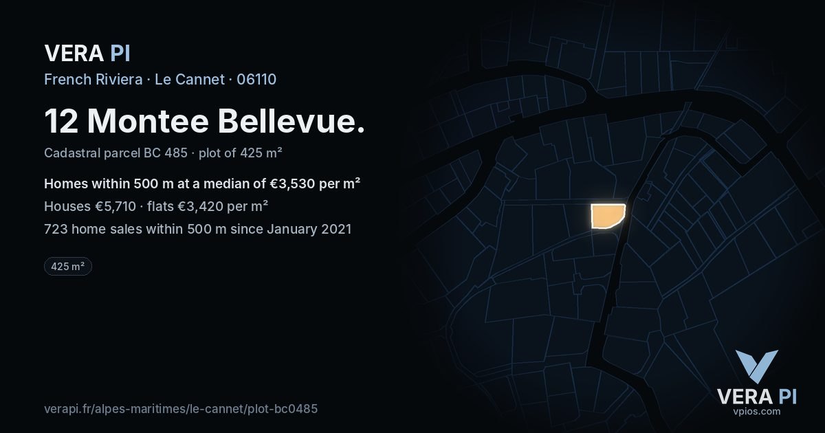 12 Montee Bellevue, Le Cannet at night – the plot lit, the parcels around coloured by the prices near them