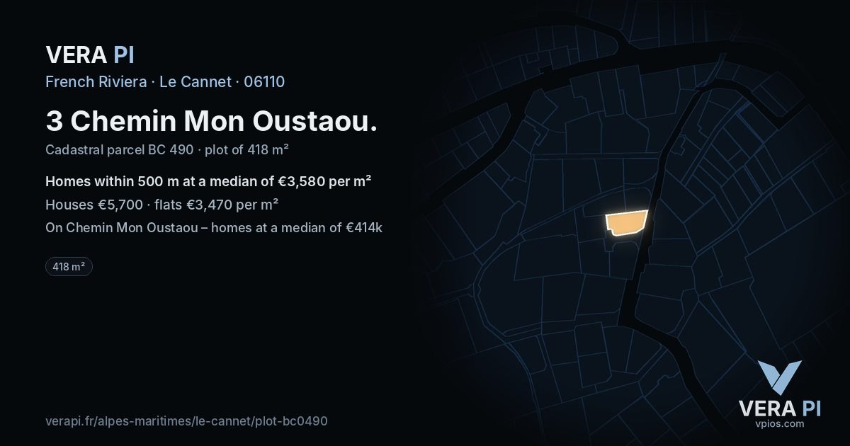 3 Chemin Mon Oustaou, Le Cannet at night – the plot lit, the parcels around coloured by the prices near them
