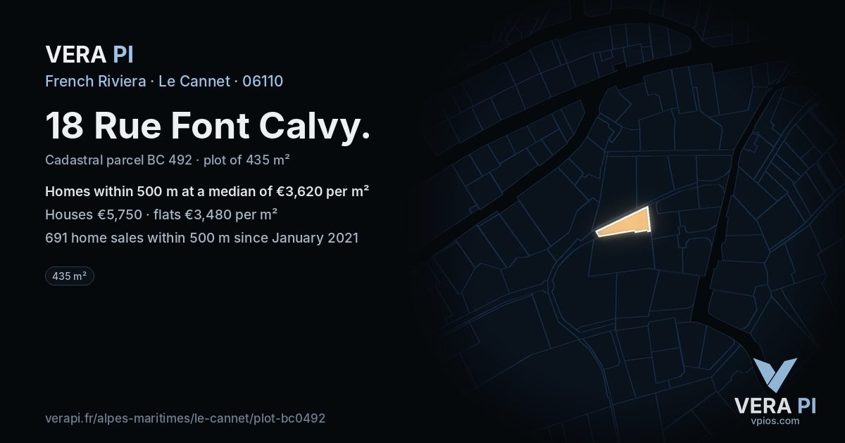 18 Rue Font Calvy, Le Cannet at night – the plot lit, the parcels around coloured by the prices near them