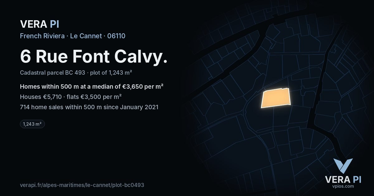 6 Rue Font Calvy, Le Cannet at night – the plot lit, the parcels around coloured by the prices near them