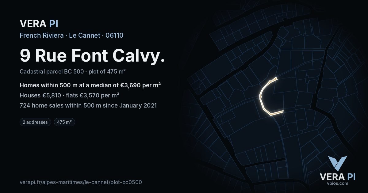 9 Rue Font Calvy, Le Cannet at night – the plot lit, the parcels around coloured by the prices near them