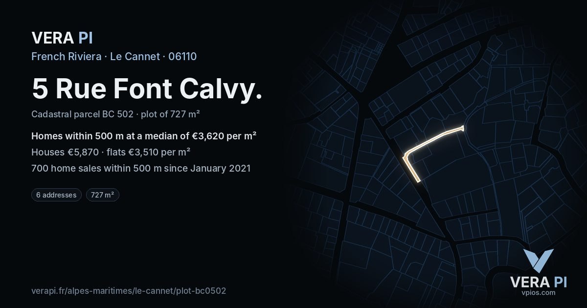 5 Rue Font Calvy, Le Cannet at night – the plot lit, the parcels around coloured by the prices near them