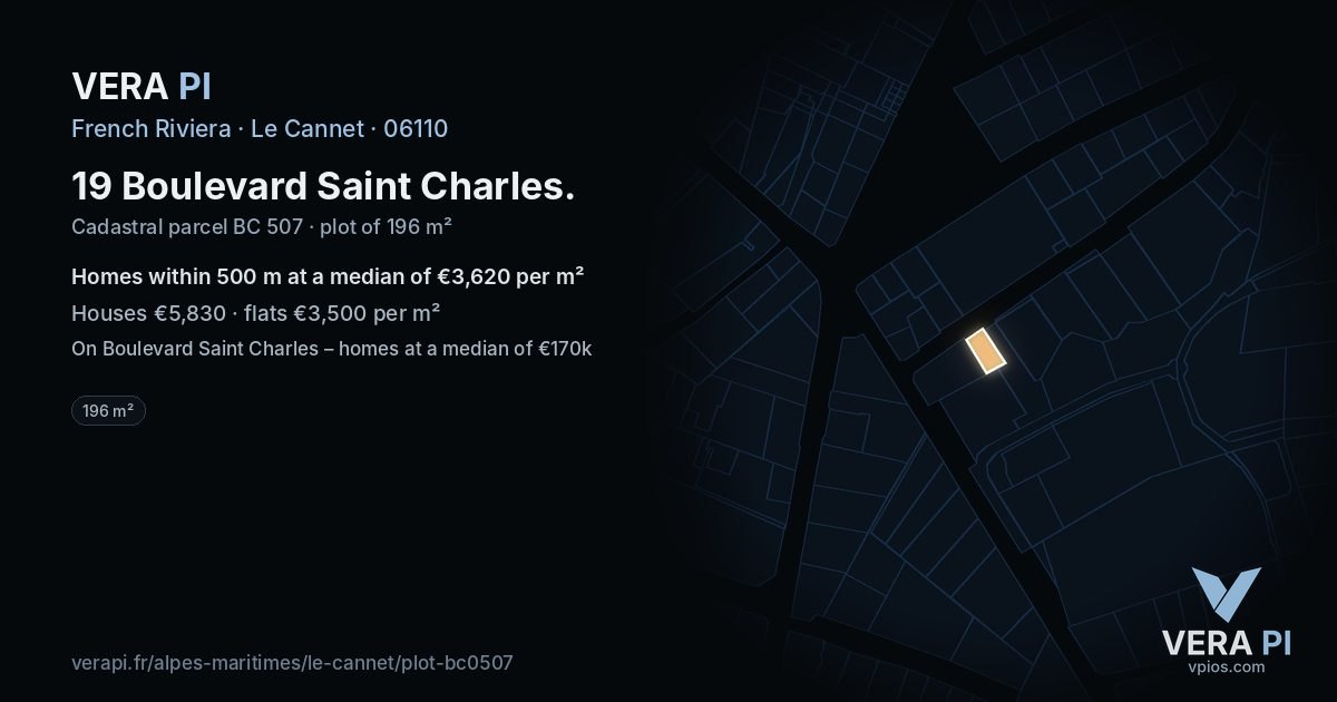 19 Boulevard Saint Charles, Le Cannet at night – the plot lit, the parcels around coloured by the prices near them