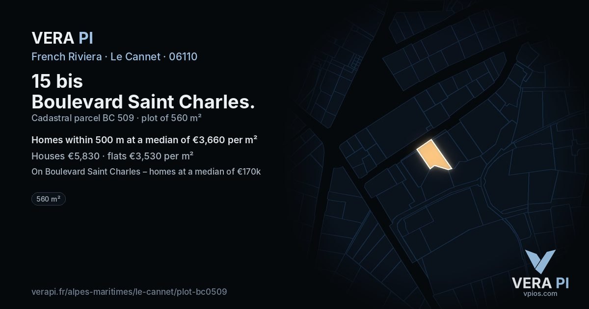 15 bis Boulevard Saint Charles, Le Cannet at night – the plot lit, the parcels around coloured by the prices near them