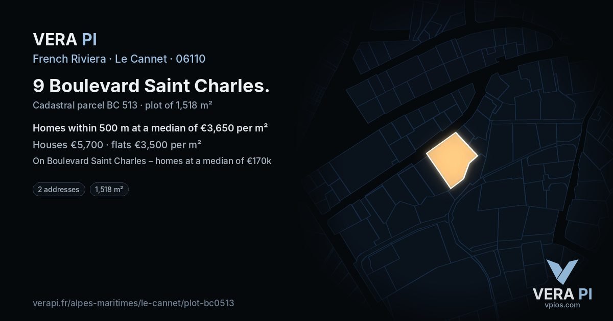 9 Boulevard Saint Charles, Le Cannet at night – the plot lit, the parcels around coloured by the prices near them