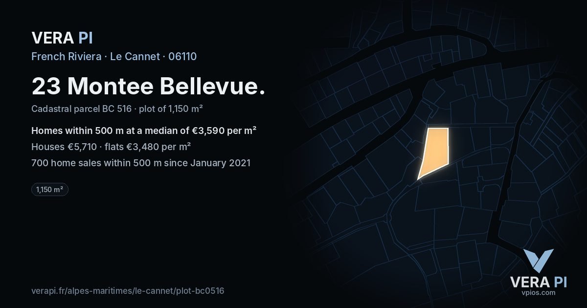 23 Montee Bellevue, Le Cannet at night – the plot lit, the parcels around coloured by the prices near them