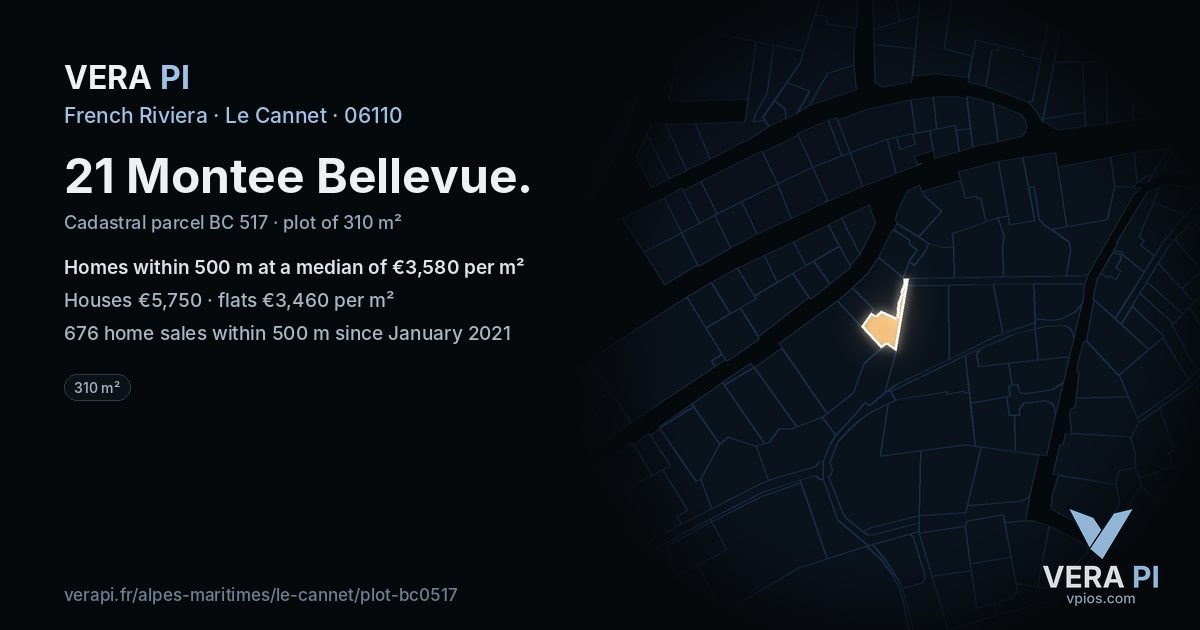 21 Montee Bellevue, Le Cannet at night – the plot lit, the parcels around coloured by the prices near them