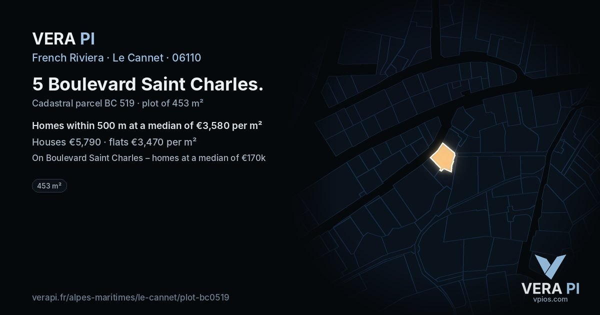5 Boulevard Saint Charles, Le Cannet at night – the plot lit, the parcels around coloured by the prices near them