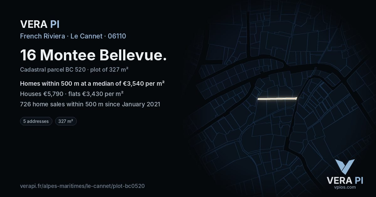 16 Montee Bellevue, Le Cannet at night – the plot lit, the parcels around coloured by the prices near them