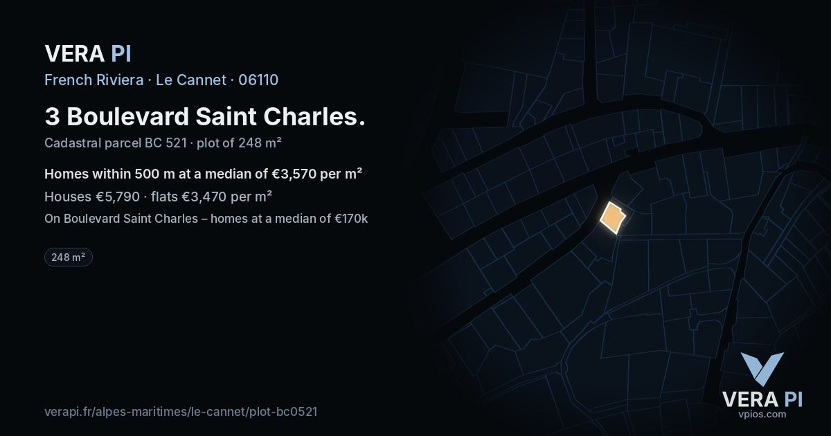 3 Boulevard Saint Charles, Le Cannet at night – the plot lit, the parcels around coloured by the prices near them