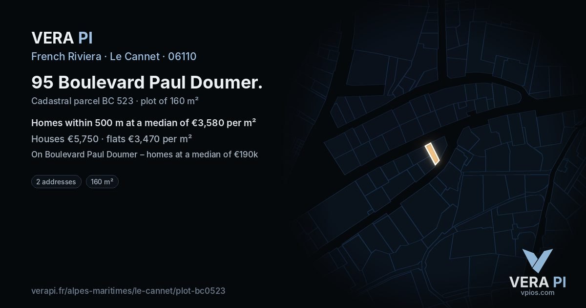 95 Boulevard Paul Doumer, Le Cannet at night – the plot lit, the parcels around coloured by the prices near them