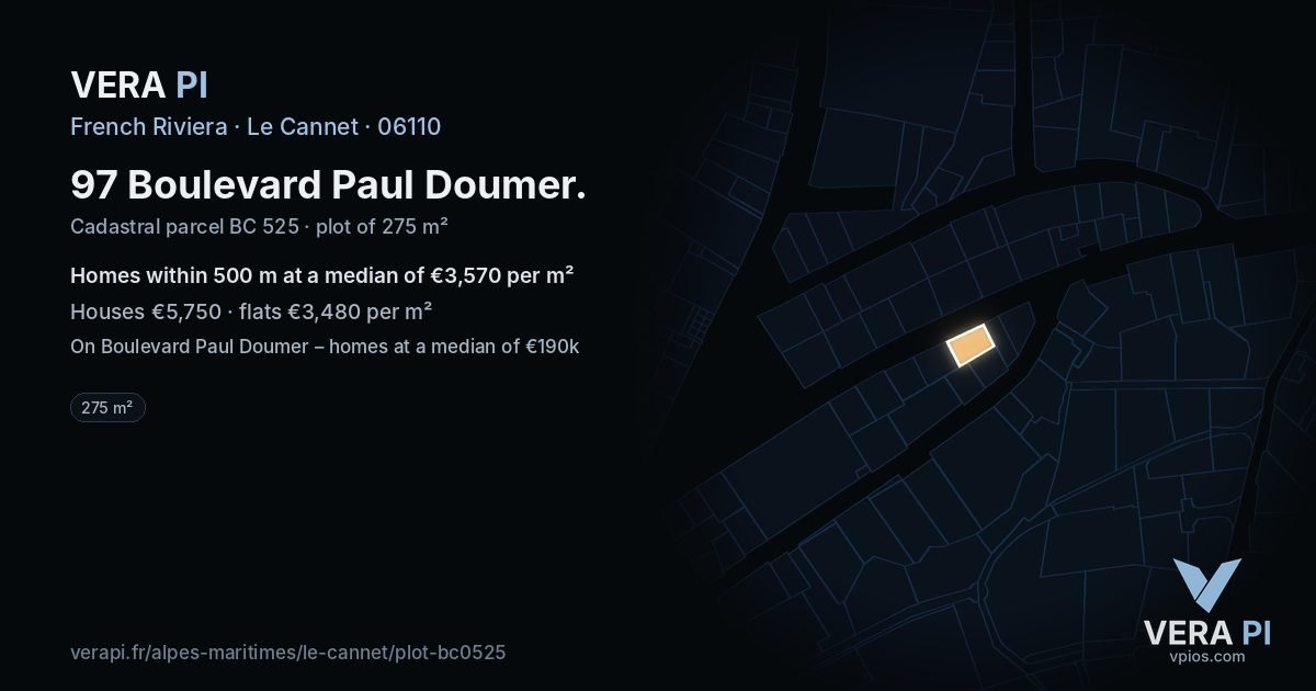 97 Boulevard Paul Doumer, Le Cannet at night – the plot lit, the parcels around coloured by the prices near them