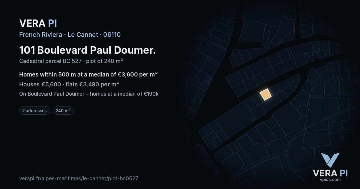 101 Boulevard Paul Doumer, Le Cannet at night – the plot lit, the parcels around coloured by the prices near them