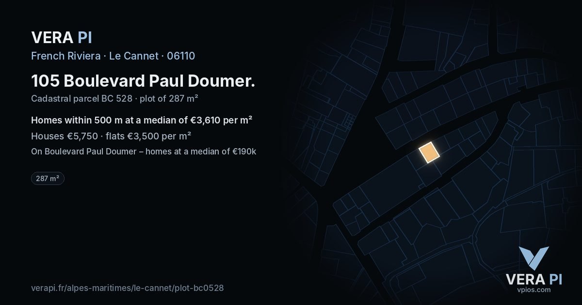 105 Boulevard Paul Doumer, Le Cannet at night – the plot lit, the parcels around coloured by the prices near them