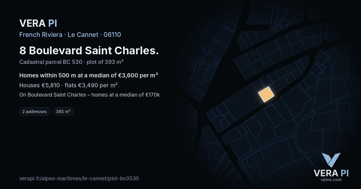 8 Boulevard Saint Charles, Le Cannet at night – the plot lit, the parcels around coloured by the prices near them