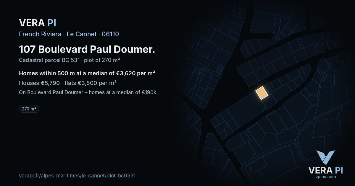 107 Boulevard Paul Doumer, Le Cannet at night – the plot lit, the parcels around coloured by the prices near them
