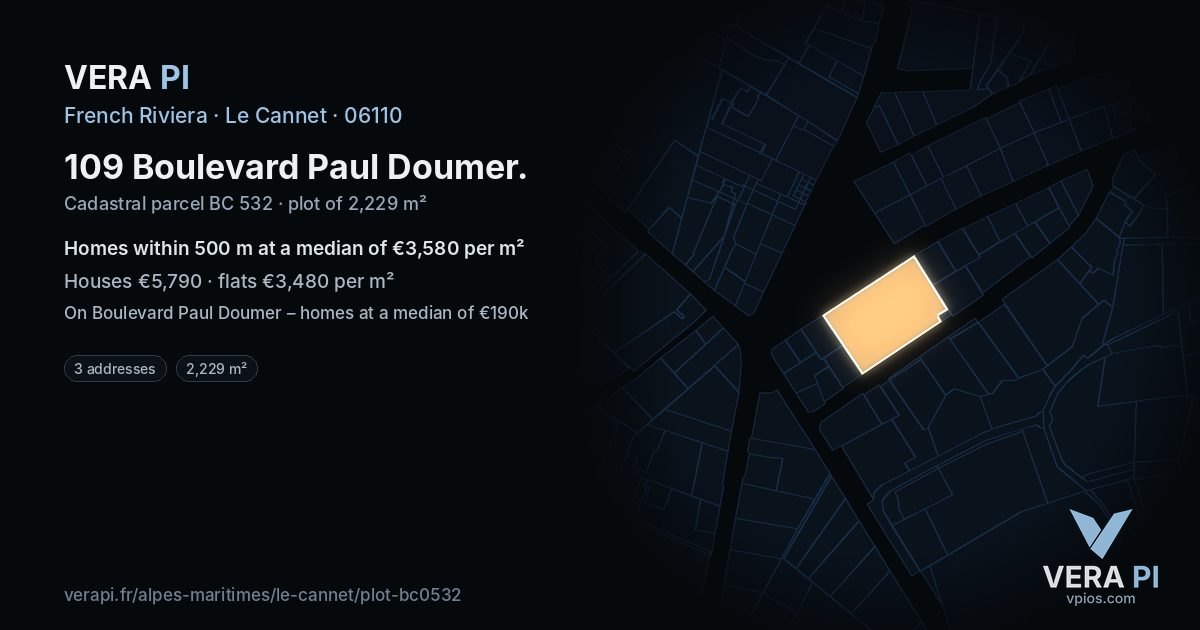 109 Boulevard Paul Doumer, Le Cannet at night – the plot lit, the parcels around coloured by the prices near them