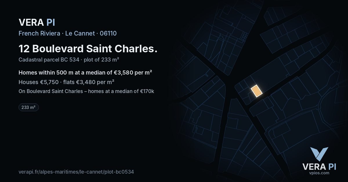 12 Boulevard Saint Charles, Le Cannet at night – the plot lit, the parcels around coloured by the prices near them
