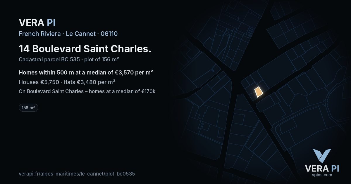 14 Boulevard Saint Charles, Le Cannet at night – the plot lit, the parcels around coloured by the prices near them