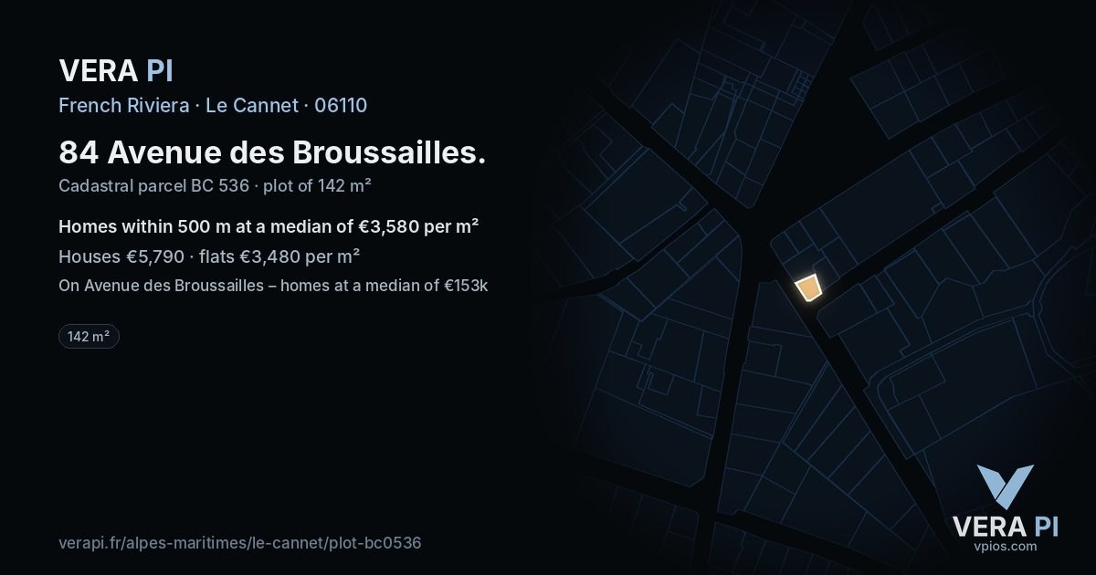 84 Avenue des Broussailles, Le Cannet at night – the plot lit, the parcels around coloured by the prices near them