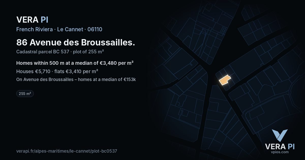 86 Avenue des Broussailles, Le Cannet at night – the plot lit, the parcels around coloured by the prices near them