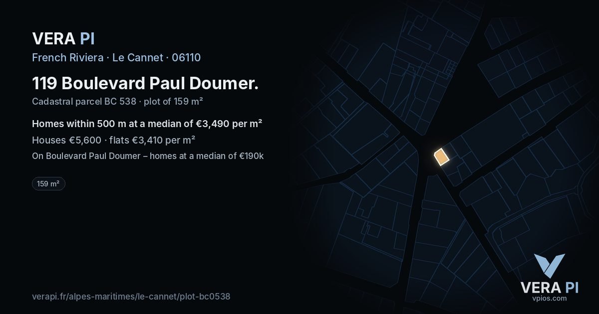 119 Boulevard Paul Doumer, Le Cannet at night – the plot lit, the parcels around coloured by the prices near them