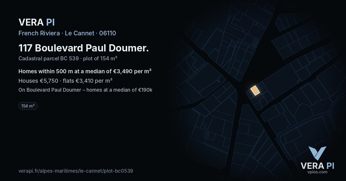 117 Boulevard Paul Doumer, Le Cannet at night – the plot lit, the parcels around coloured by the prices near them