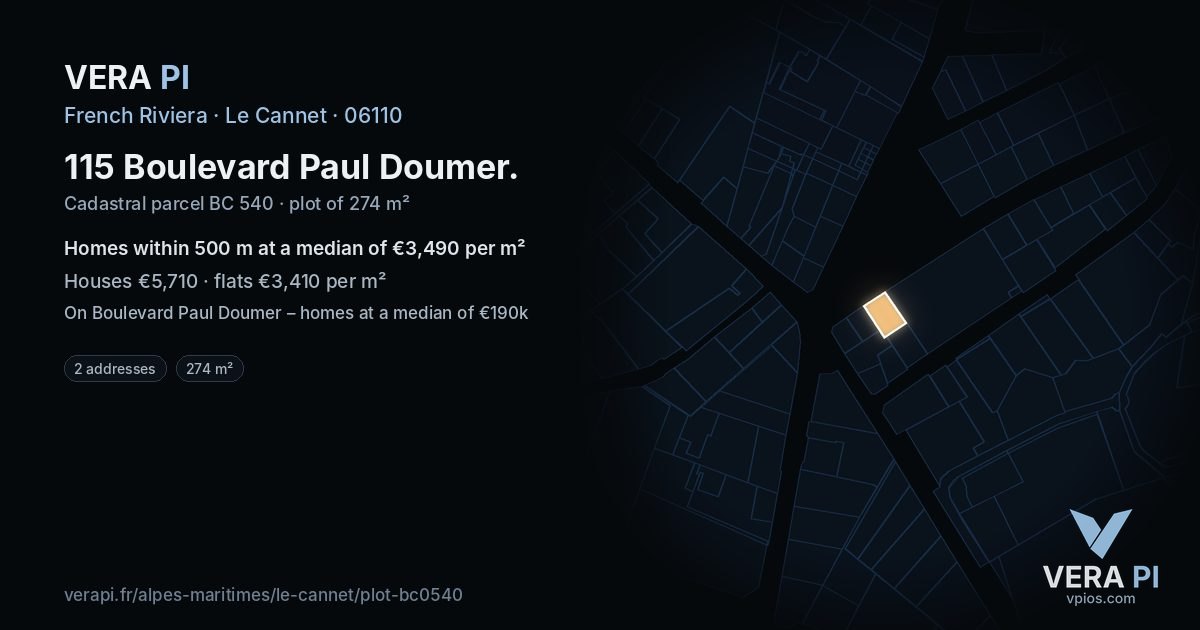 115 Boulevard Paul Doumer, Le Cannet at night – the plot lit, the parcels around coloured by the prices near them