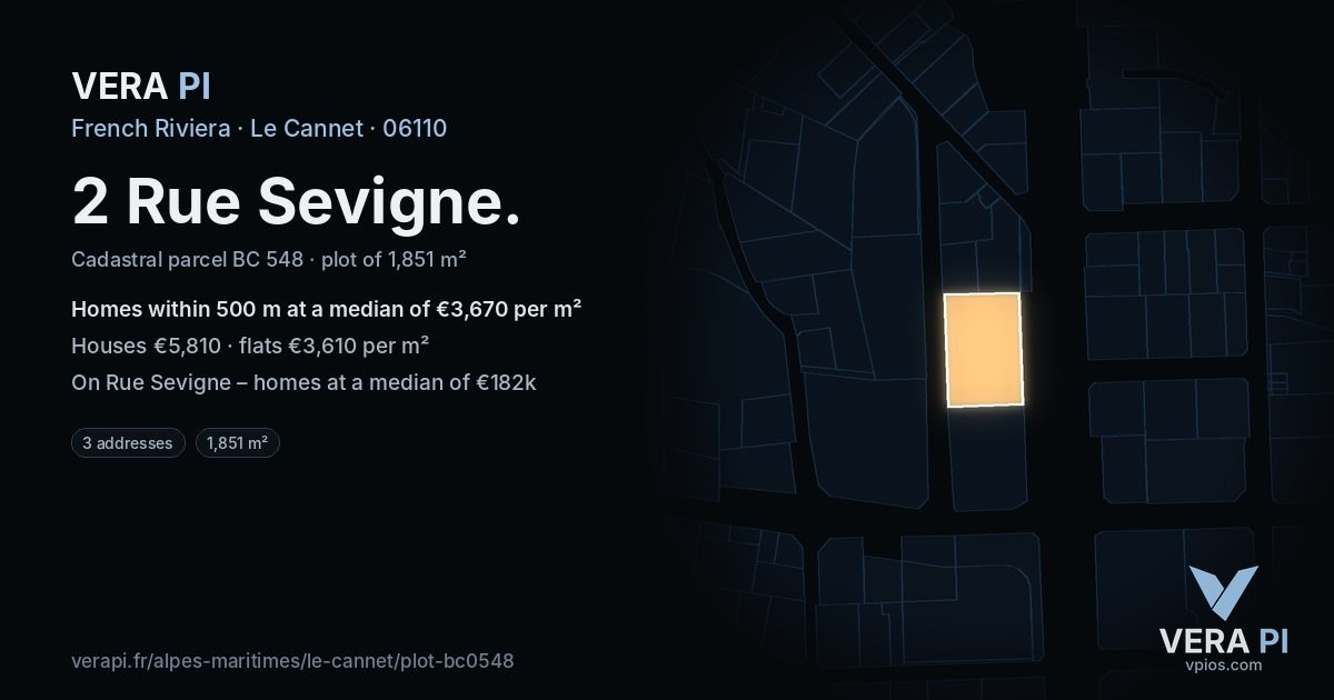 2 Rue Sevigne, Le Cannet at night – the plot lit, the parcels around coloured by the prices near them
