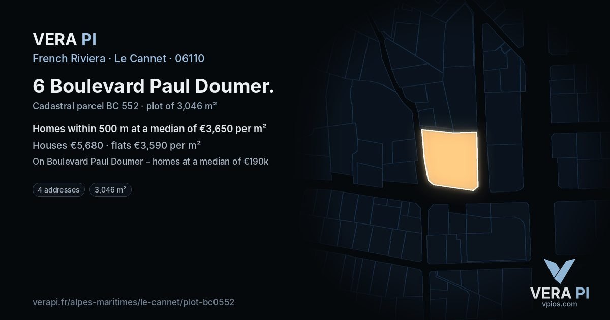 6 Boulevard Paul Doumer, Le Cannet at night – the plot lit, the parcels around coloured by the prices near them