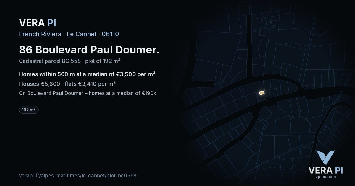 86 Boulevard Paul Doumer, Le Cannet at night – the plot lit, the parcels around coloured by the prices near them