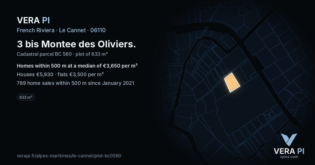 3 bis Montee des Oliviers, Le Cannet at night – the plot lit, the parcels around coloured by the prices near them