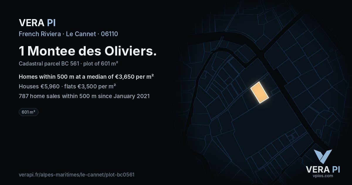 1 Montee des Oliviers, Le Cannet at night – the plot lit, the parcels around coloured by the prices near them