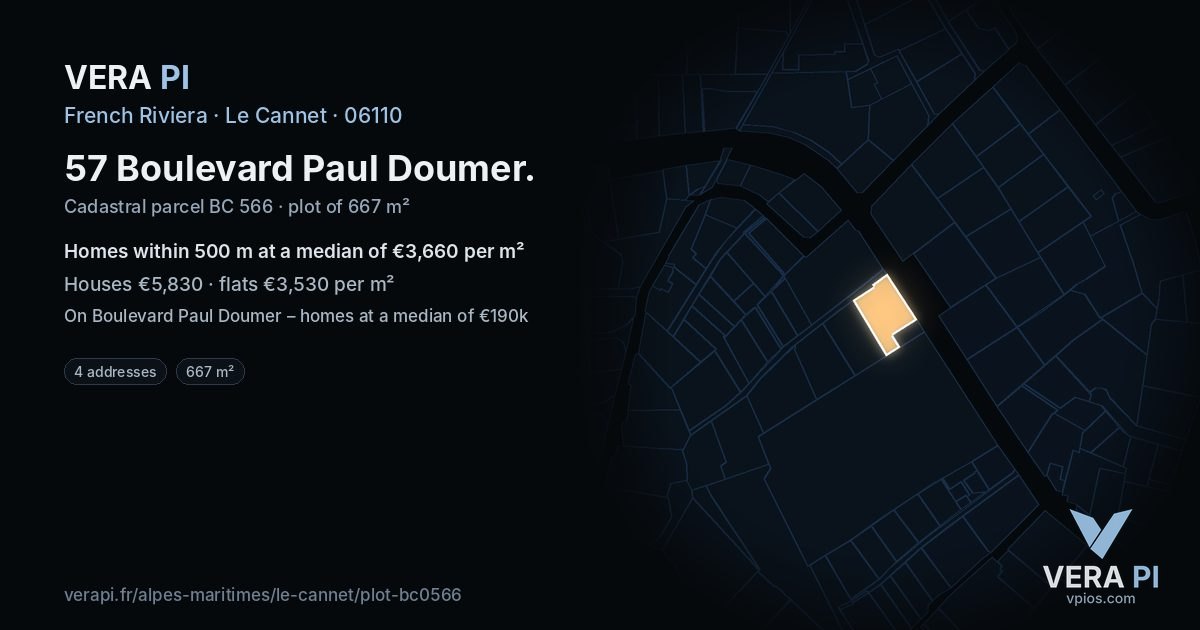 57 Boulevard Paul Doumer, Le Cannet at night – the plot lit, the parcels around coloured by the prices near them
