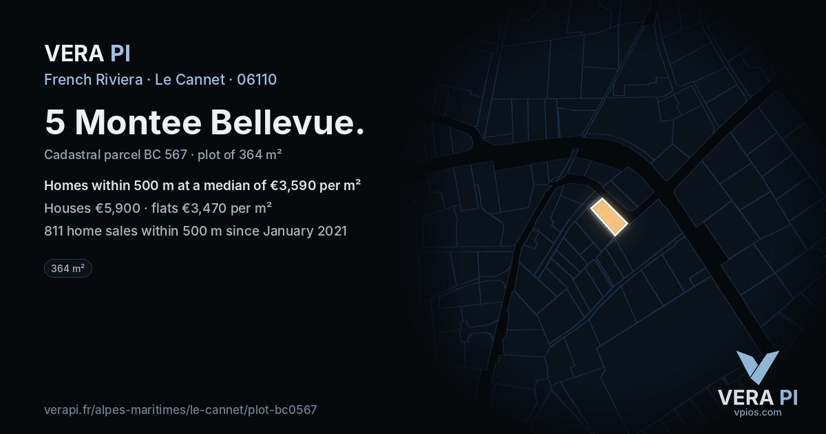 5 Montee Bellevue, Le Cannet at night – the plot lit, the parcels around coloured by the prices near them