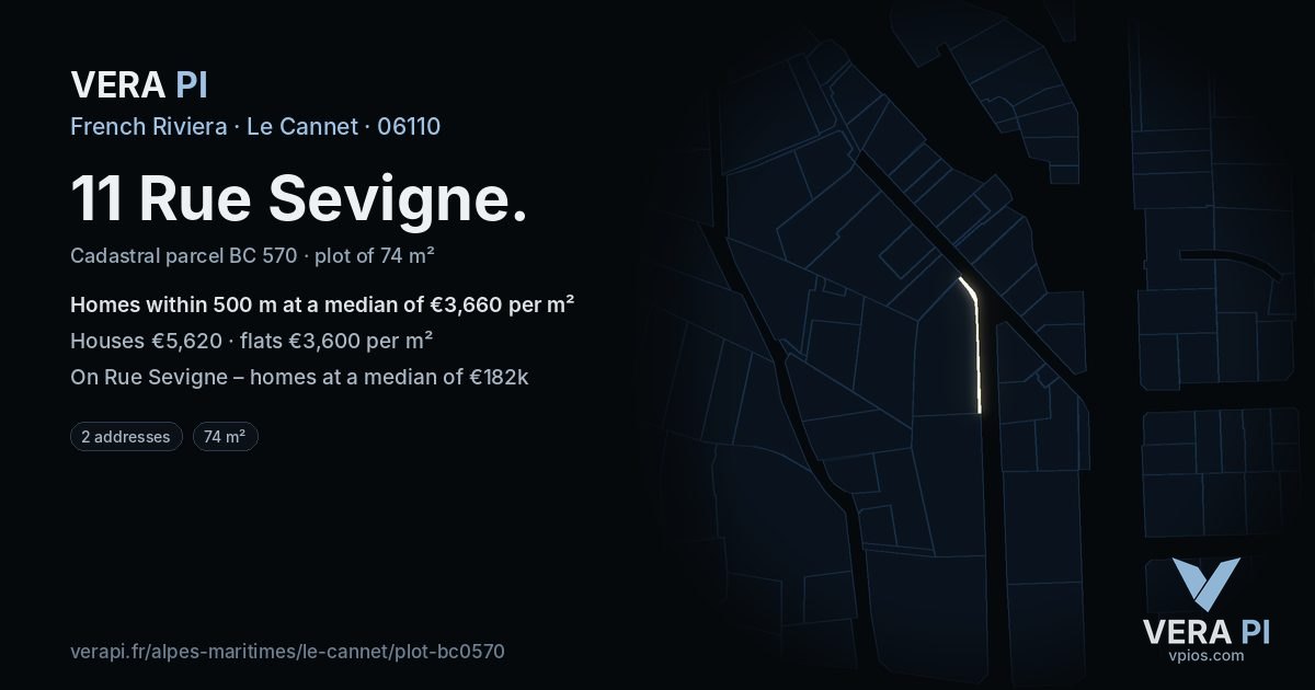 11 Rue Sevigne, Le Cannet at night – the plot lit, the parcels around coloured by the prices near them