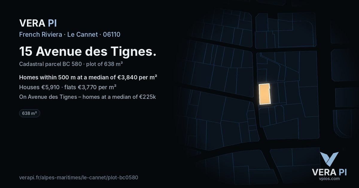 15 Avenue des Tignes, Le Cannet at night – the plot lit, the parcels around coloured by the prices near them