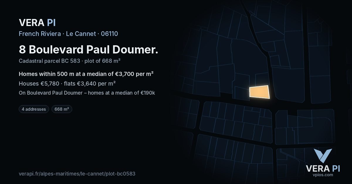 8 Boulevard Paul Doumer, Le Cannet at night – the plot lit, the parcels around coloured by the prices near them