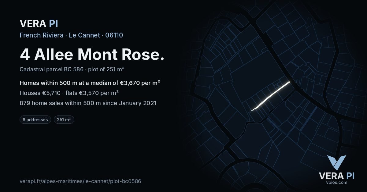4 Allee Mont Rose, Le Cannet at night – the plot lit, the parcels around coloured by the prices near them