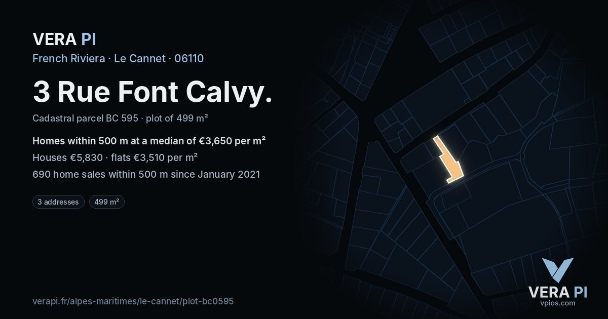 3 Rue Font Calvy, Le Cannet at night – the plot lit, the parcels around coloured by the prices near them