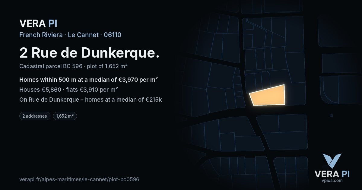 2 Rue de Dunkerque, Le Cannet at night – the plot lit, the parcels around coloured by the prices near them