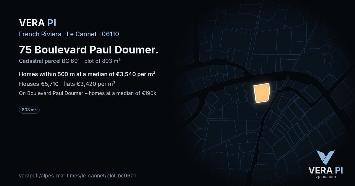75 Boulevard Paul Doumer, Le Cannet at night – the plot lit, the parcels around coloured by the prices near them