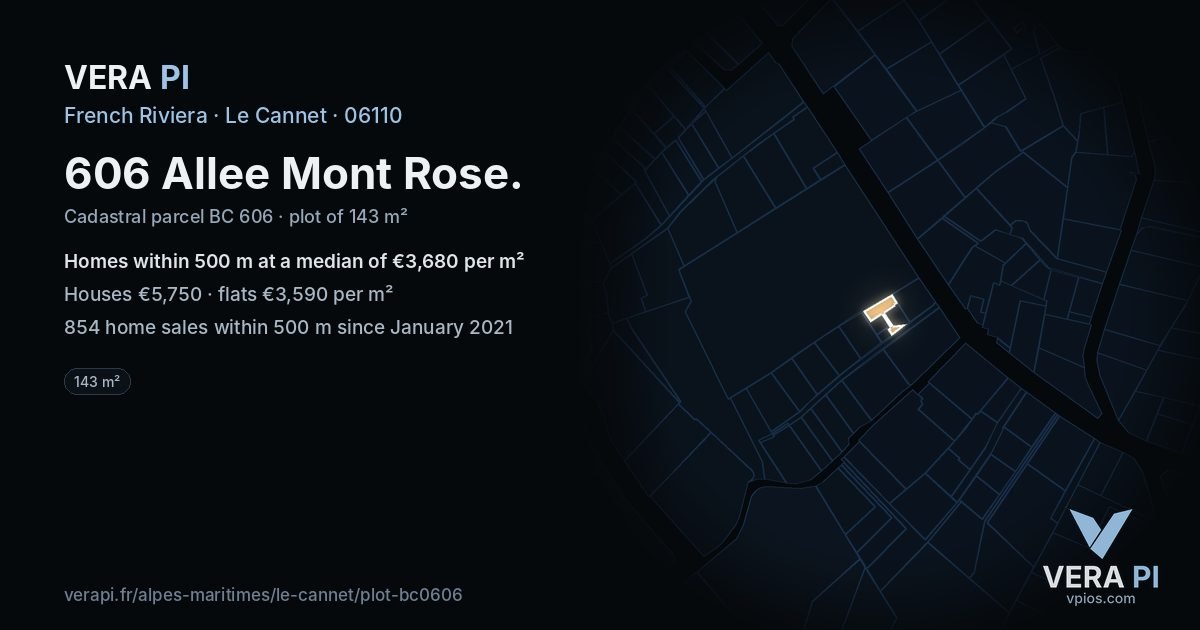 606 Allee Mont Rose, Le Cannet at night – the plot lit, the parcels around coloured by the prices near them