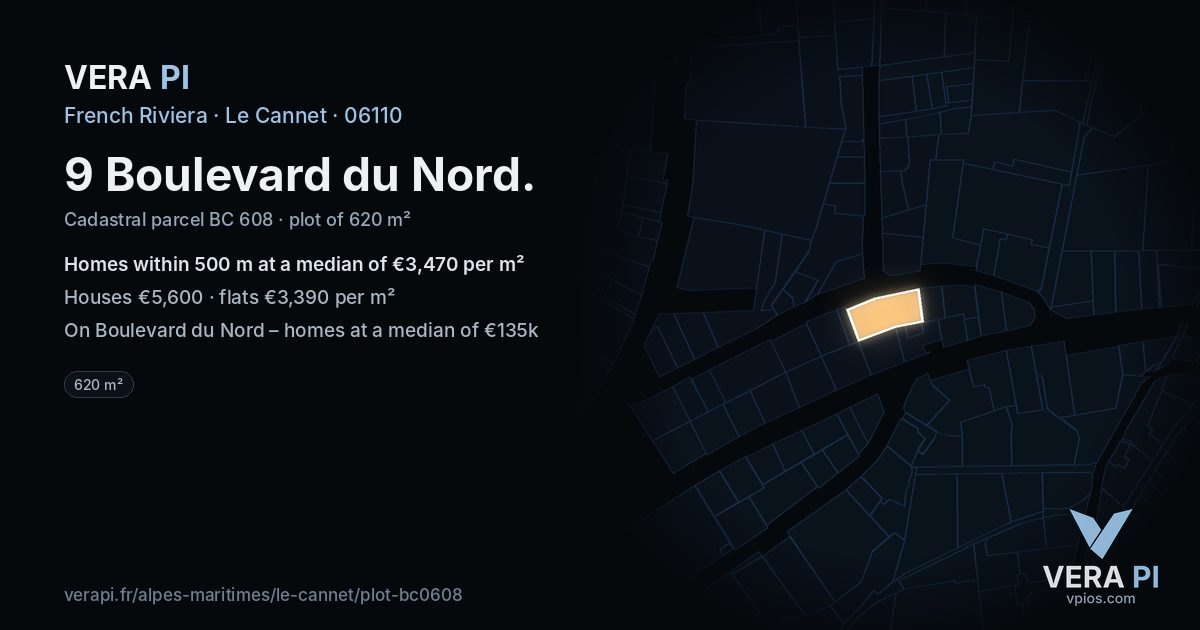 9 Boulevard du Nord, Le Cannet at night – the plot lit, the parcels around coloured by the prices near them
