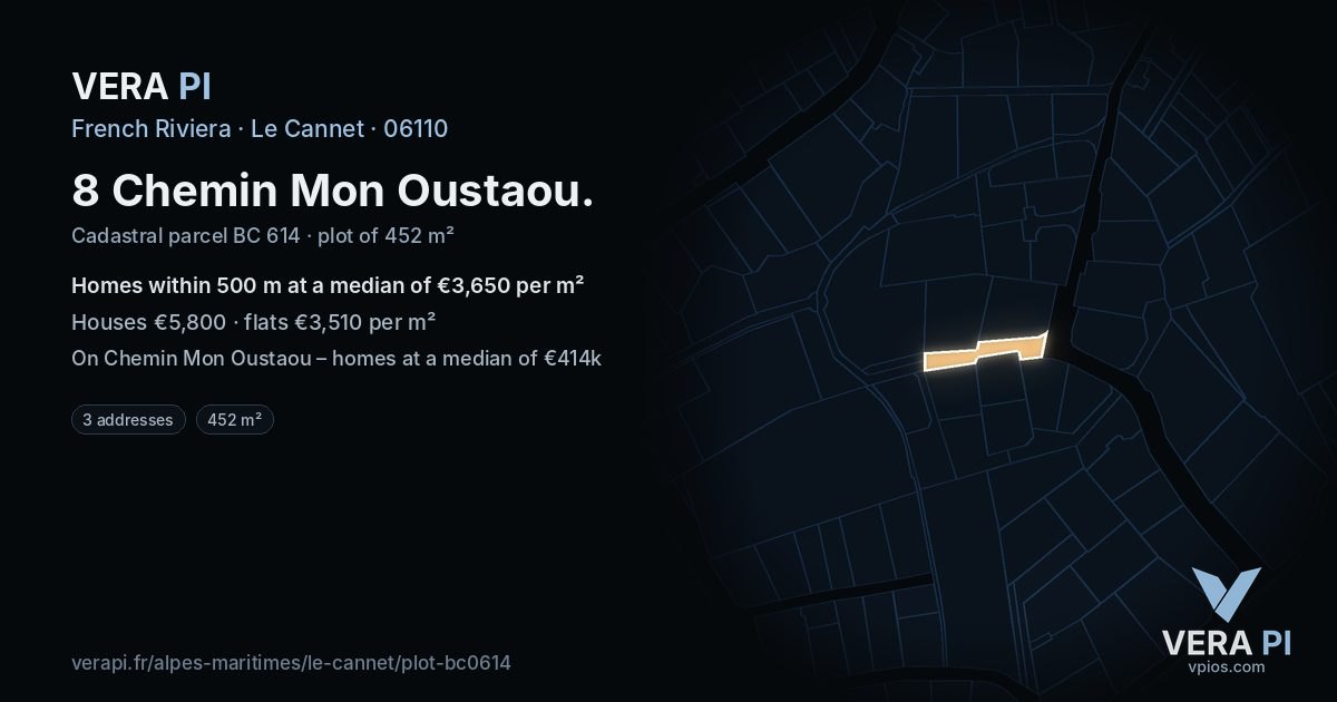 8 Chemin Mon Oustaou, Le Cannet at night – the plot lit, the parcels around coloured by the prices near them