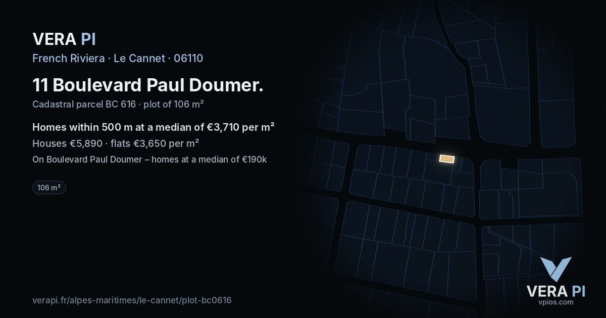 11 Boulevard Paul Doumer, Le Cannet at night – the plot lit, the parcels around coloured by the prices near them