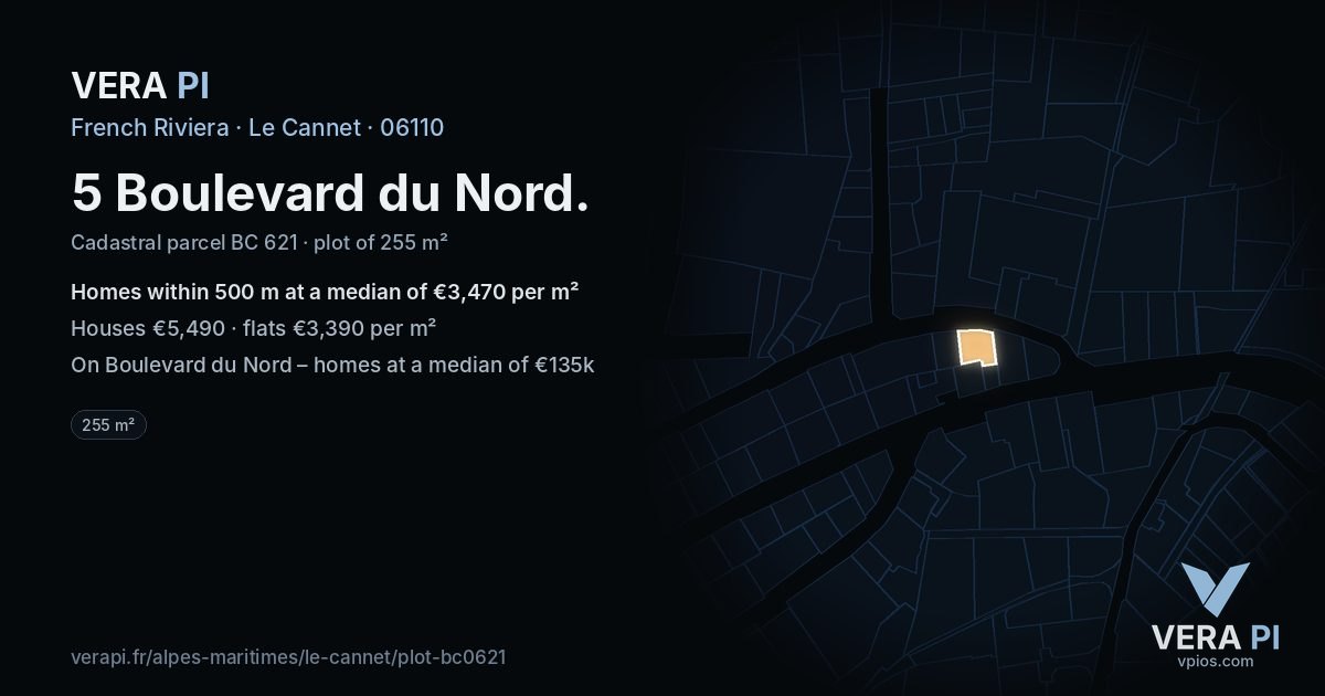 5 Boulevard du Nord, Le Cannet at night – the plot lit, the parcels around coloured by the prices near them
